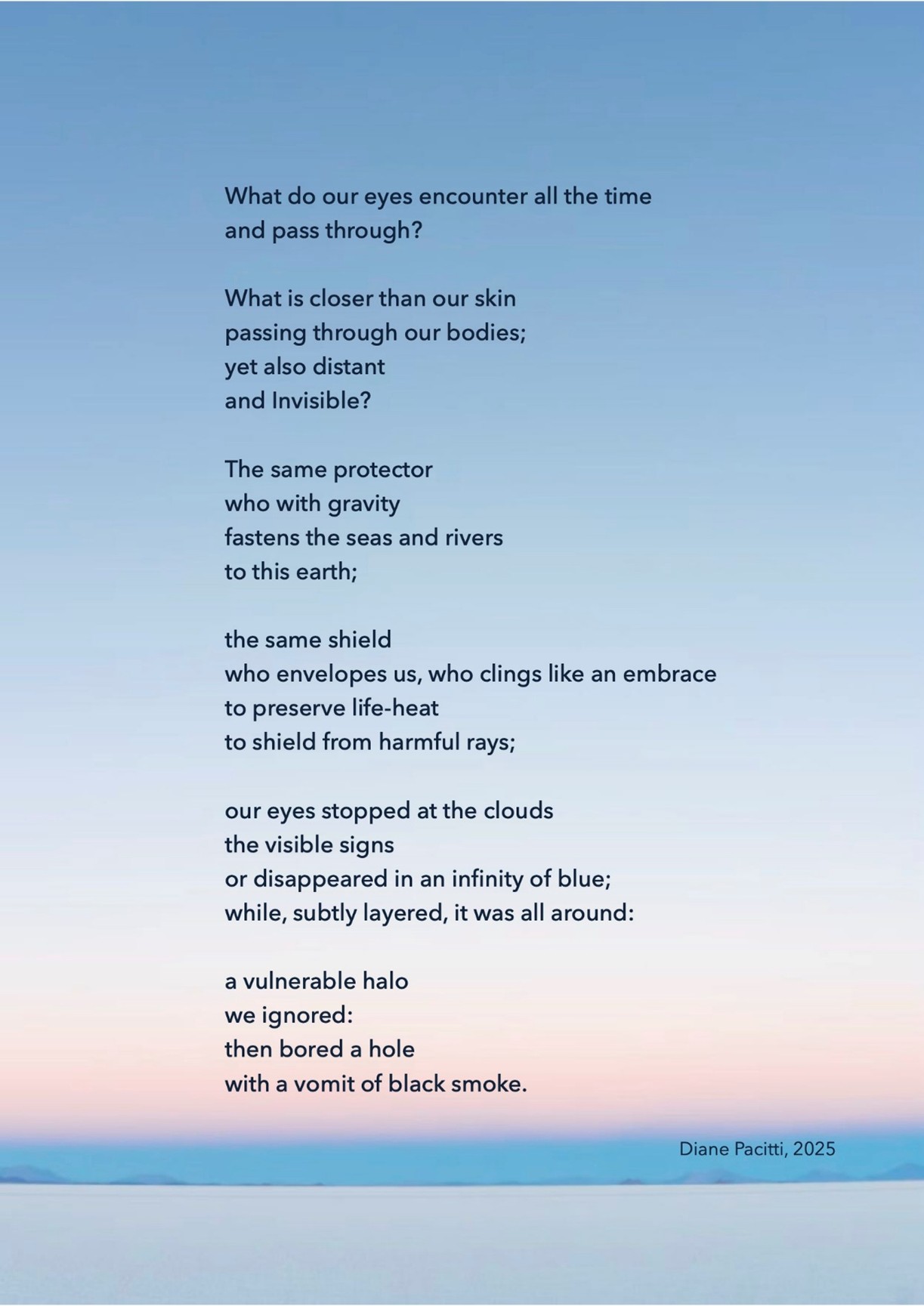A poem written over a photograph of a clear blue sky, tinged with pink at the bottom. The full text is given below.