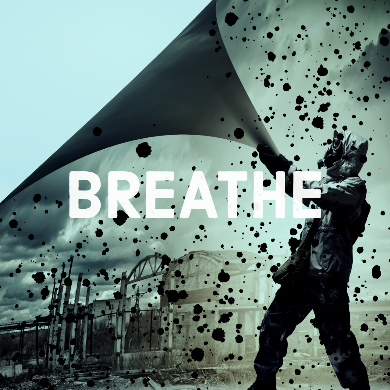 The project logo. A figure in overalls and a gas mask stands in front of ruined buildings, surrounded by black particles. The figure is peeling away the background from the top left, revealing a clear blue sky behind. The word 'BREATHE' is superimposed over the image in white capitals.