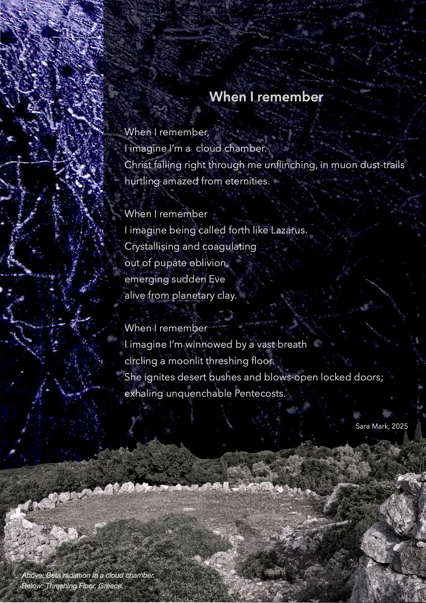 A poem written over two photographs. At the top, beta radiation trails in a cloud chamber are shown in purple. At the bottom, an old threshing-floor in Greece surrounded by shrubs and trees. The full poem text is given below.